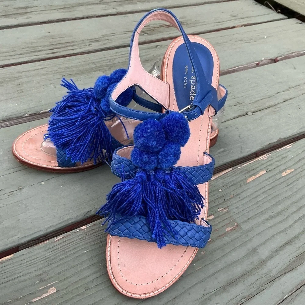 Kate Spade Sunset Sued Blue Tassels Strappy Sandals Size 8